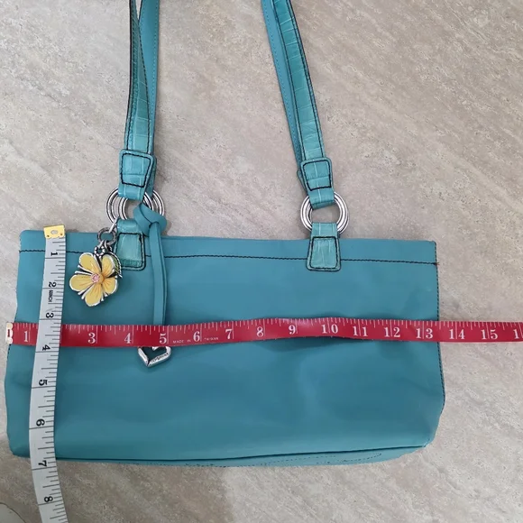 Brighton Teal Leather Shoulder Bag Cric Handles With Flower & Heart Charm GUC - Picture 9 of 10